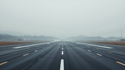 Fototapeta premium The image shows an empty runway with mountains in the background. On either side of the runway are poles