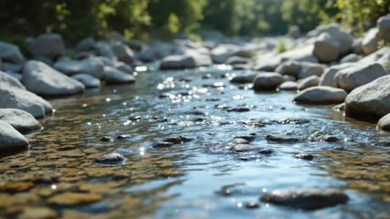 Fototapeta premium The image shows a stream running through a forest filled with rocks and trees. The water is crystal clear and the rocks are scattered along the banks of the stream. The trees in the background are tal