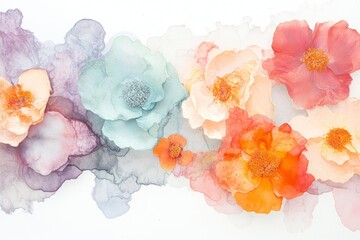 Watercolor floral arrangement with pastel flowers and soft color palette, arranged in a row on a white background. 