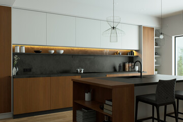 This is a modern kitchen that features a minimalist design along with soothing ambient lighting