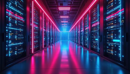 Fototapeta premium Neon-lit data center corridor futuristic tech. Dynamic neon lights illuminate server racks. High-tech infrastructure, digital network, cyberspace, hosting, processing. Modern innovation, data