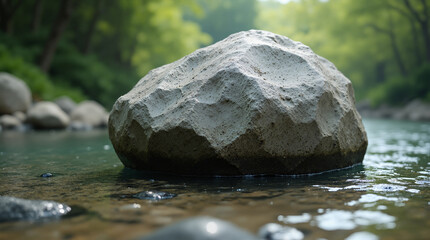 The image shows a large rock in the middle of a river