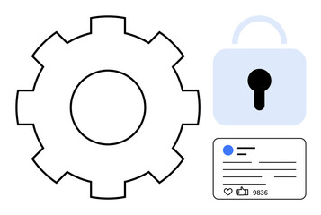 Gear representing settings, lock symbolizing security, and social media interface signifying user engagement. Ideal for technology, cybersecurity, data privacy, social media, online security, user
