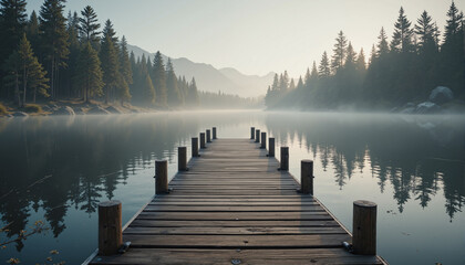 Naklejka premium The image shows a wooden dock in the middle of a lake