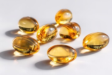 Omega-3 fish oil softgel capsules arranged on a smooth white surface for nutritional wellness