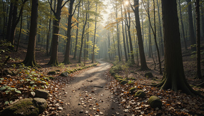 Fototapeta premium The image shows a path winding through a forest of trees with the sun shining through them. The ground is covered with dried leaves and rocks