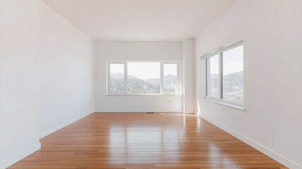 Empty room with mountain view, perfect for real estate or interior design.