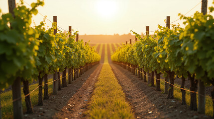 The image shows a vineyard at sunset with rows of vines in the foreground
