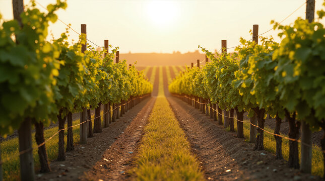 The image shows a vineyard at sunset with rows of vines in the foreground