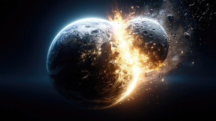 Obraz premium Two celestial bodies colliding in a dramatic cosmic event.