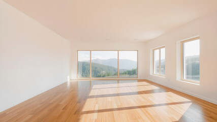 Empty room with mountain view, perfect for real estate or interior design.