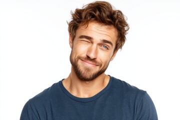Obraz premium Friendly man winks with one eye in a warm gesture against a clean white background