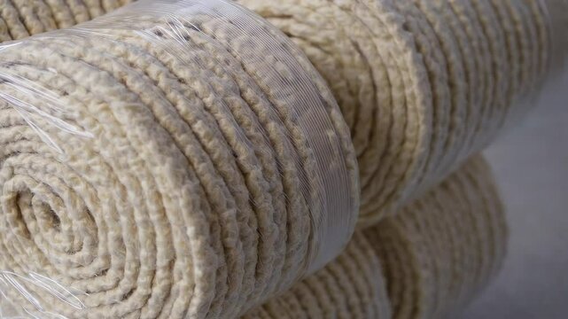 Closeup movement of coiled rope rolls in transparent plastic wrapping