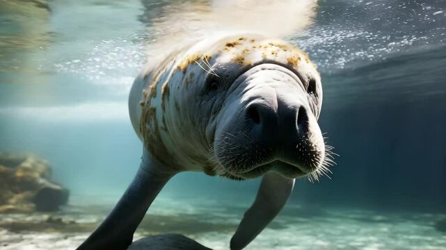 Swimming manatee underwater in clear ocean water close up view