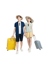full body image of asian couple wearing travel clothes, pull suitcase and posing on background	
