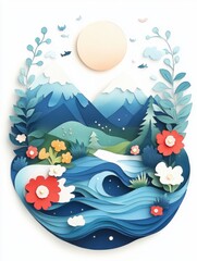 Paper art landscape depicting a serene river scene, mountains, sun, and floral elements. Blue, green, and red tones dominate, creating a tranquil atmosphere.