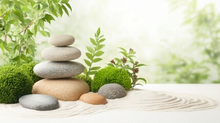 Zen garden scene with stacked stones, green moss, and plants on light sand. Soft lighting, peaceful atmosphere.