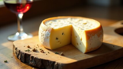 Aromatic Wheel of Cheese, Artisanal and Ready to Serve with a Glass of Red Wine on a Rustic Wooden Board