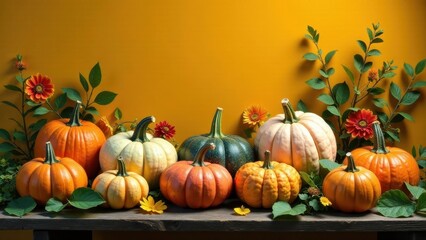 Autumnal Harvest Abundance A Colorful Display of Pumpkins and Blossoms on Rustic Wood