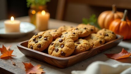 Aromatic autumnal baked goods displayed on a rustic wooden tray, surrounded by flickering candlelight and vibrant fall leaves.