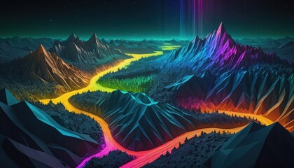 Landscape featuring angular mountains and colorful streams