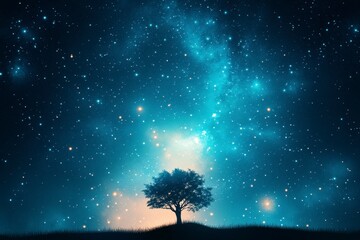 Silhouette of a tree against a vibrant, starlit night sky. Cosmic dust and nebulae create a dreamy, ethereal atmosphere.
