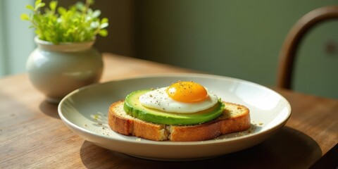 A Sunny-Side Up Egg and Avocado Toast on Toasted Bread Served on a Plate