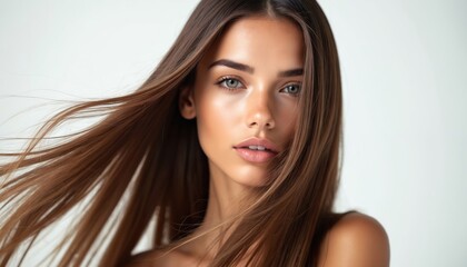 Naklejka premium Portrait young woman long straight shiny brown hair smooth skin. Natural beauty, hair care, skincare, wellness, beauty product. Female face on white background, radiant look.