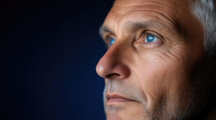 Fototapeta premium Close-up profile of a thoughtful man. Mature man gazing intently into the distance. Clear focus on expressive face features