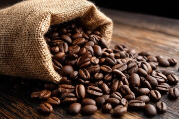 Coffee beans cascade from burlap sack creating a rich texture on rustic wooden surface