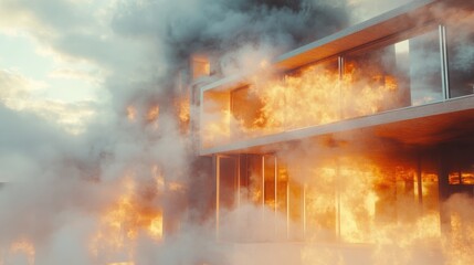 Burning Modern House engulfed in Flames and Smoke