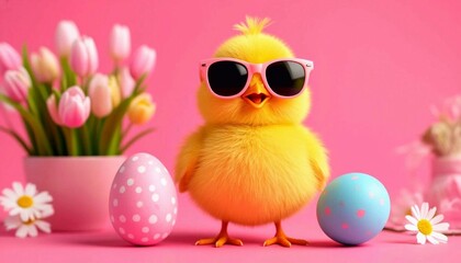 happy easter concept holiday greeting card - Cool cute chick with sunglasses and easter egg, isolated on pink background