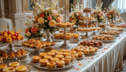 An array of small baked items are displayed on various serving dishes. Flowers decorate the table
