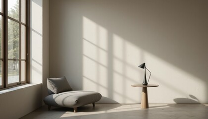 The image shows an interior with a large window letting in light, a lounge chair, and a round table with a lamp. The walls are a light shade, and the overall aesthetic is minimalist