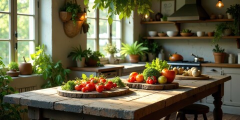 Rustic Kitchen Table Display Featuring Freshly Harvested Tomatoes, Pumpkins, and Other Vegetables Bathed in Warm Sunlight