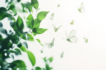 Butterflies soar among green leaves in a serene bright composition symbolizing nature