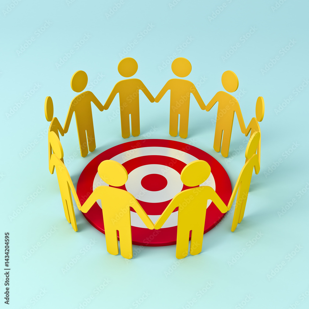 Poster group of yellow people holding hands forming circle around red goal target dartboard on light green 