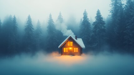 Cozy wooden cabin glowing warmly amidst a snowy, foggy forest at twilight. Snow falls gently, creating a serene winter scene.