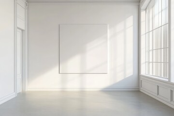 Obraz premium Minimalist bedroom with blank poster. AI generated illustration.