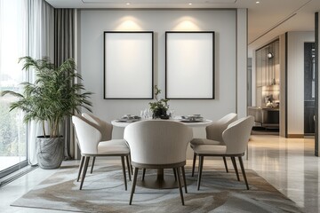 Minimalist dining room with framed blank posters. AI generated illustration.