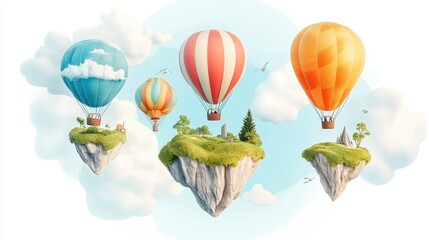 Fototapeta premium Whimsical illustration of colorful hot air balloons floating above small, idyllic islands in a dreamy sky. The scene is light and airy, evoking a sense of wonder and adventure.