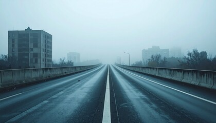 Fototapeta premium Empty elevated freeway vanishing into dense early morning fog