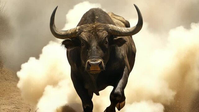 Aggressive brown bull running head-on through dusty terrain with large curved horns, kicking up cloud of dirt and dust.