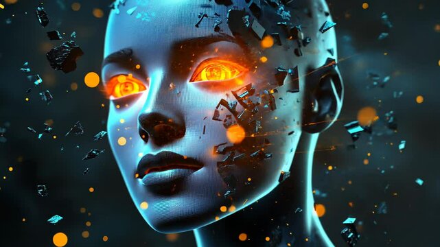 Fractured digital female face, glowing eyes