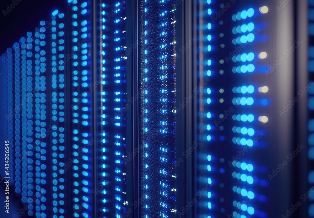 Poster Close-up view of glowing blue server racks in a data center with digital reflections, ideal for use in cloud computing, cybersecurity, AI, and high-tech infrastructure themes