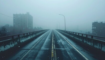 Fototapeta premium Empty elevated freeway vanishing into dense early morning fog