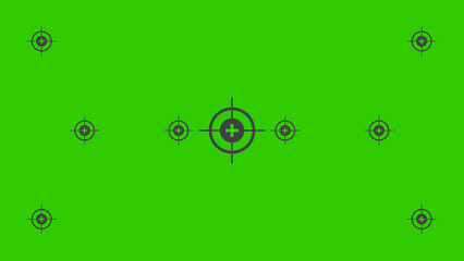 Green screen template for chroma key video production. Green screen background with tracking marker, viewfinder camera frame, video film screen template, overlay. 