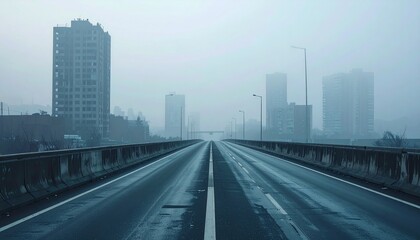 Obraz premium Empty elevated freeway vanishing into dense early morning fog