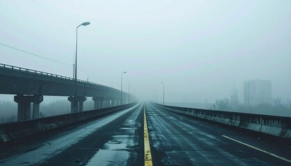 Empty elevated freeway vanishing into dense early morning fog