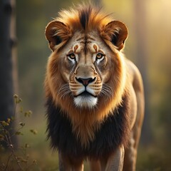 Fototapeta premium Majestic lion portrait in natural forest habitat. Powerful male lion with intense gaze stands, strength. Wildlife predator, king of jungle, lion face close-up, natural light on background. Animal,